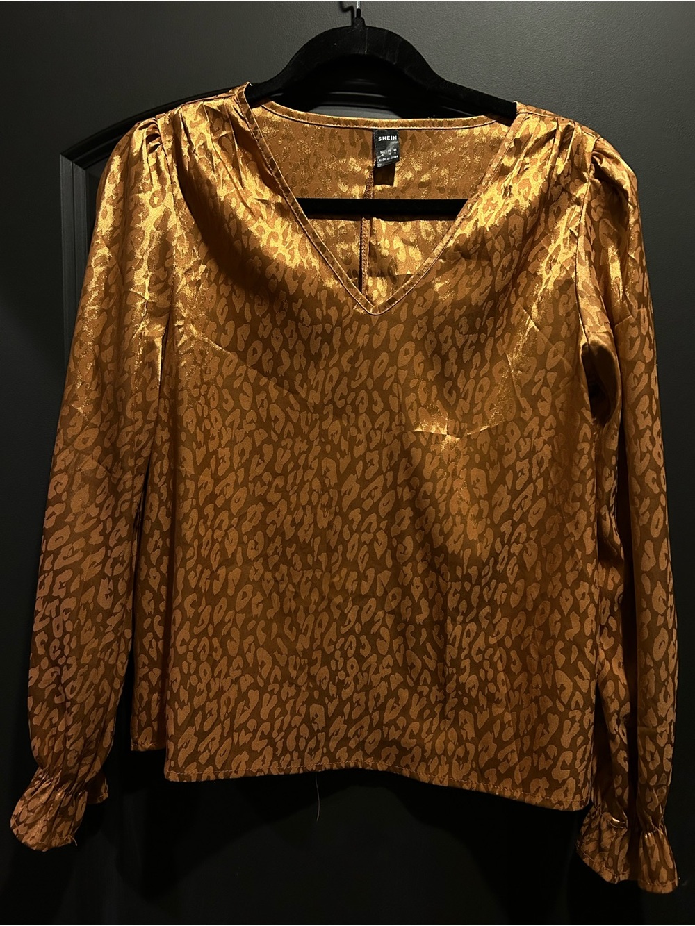 Satin V-Neck Long Sleeve Blouse with Leopard Jacquard